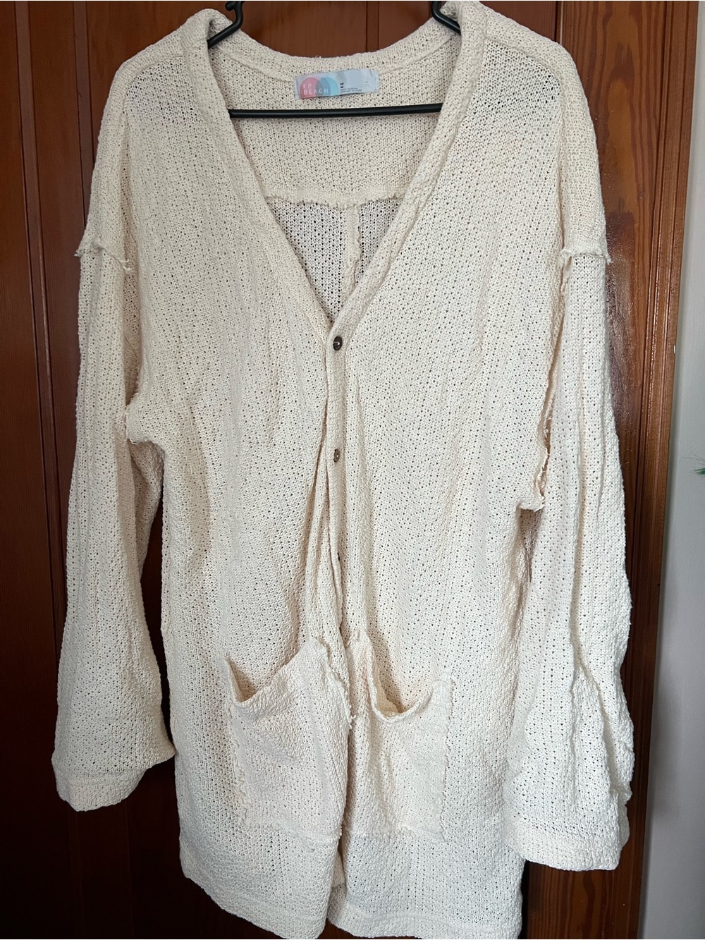 Free People Cream Open-Weave V-Neck Sweater